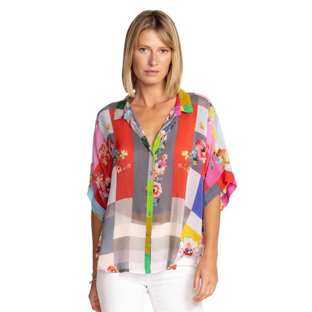 Johnny Was BLOCK LYNN SHIRT Patchwork Floral Plaid Women's XL Multicolor EUC